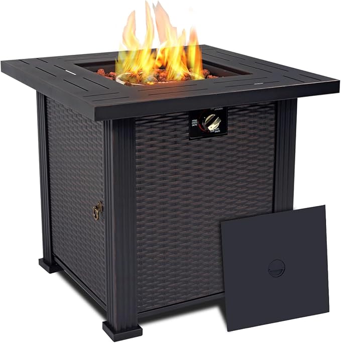28'' Propane Fire Pit Table 50000 BTU Fire Table with Steel Lid Big Legs Laval Rocks.