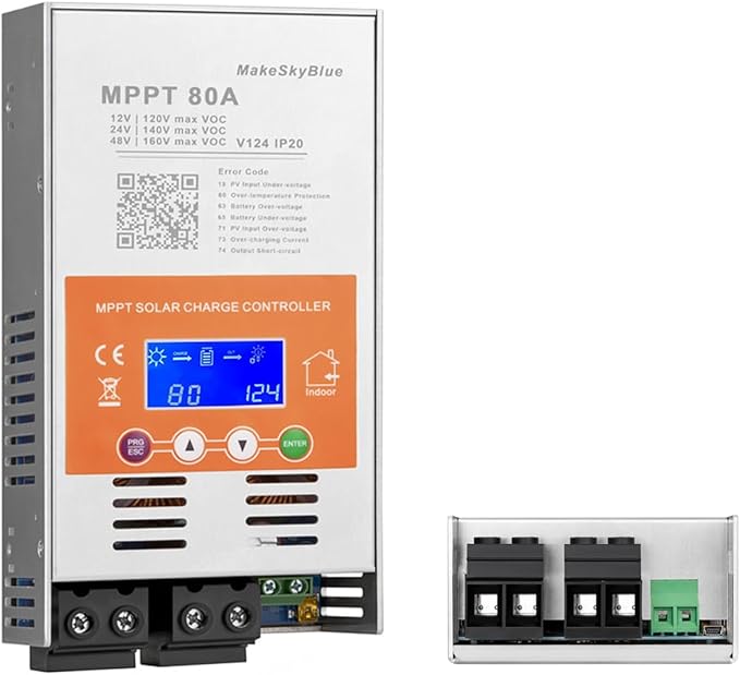 Upgraded V124 80A MPPT Solar Charge Controller 12V/24V/48V AutoMax 160V PV Input LCD Display Compatible with Lithium LiFePO4 AGM Gel Lead-Acid Batteries