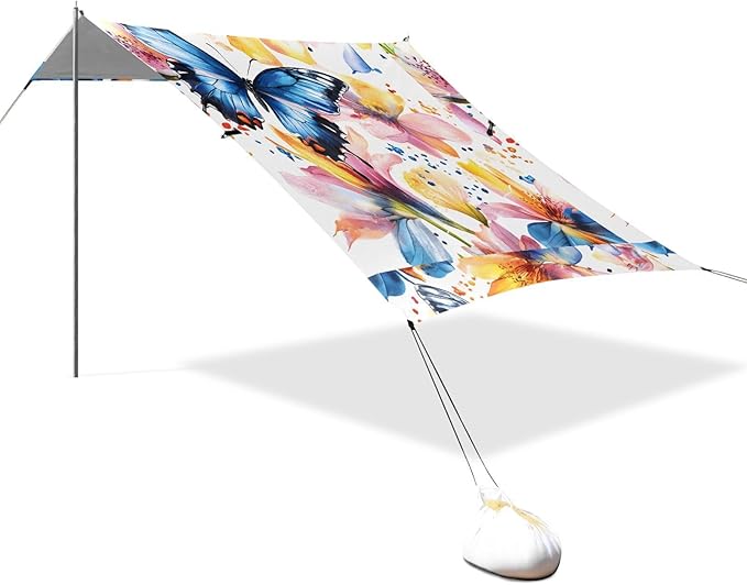 ALAZA Butterfly Colorful Iris Flowers Beach Tent Sun Shelter UPF50+ Protection Beach Shade Canopy w/ 4 Sandbags for Outdoor Camping Fishing Backyard Fun Picnic 10x9 ft