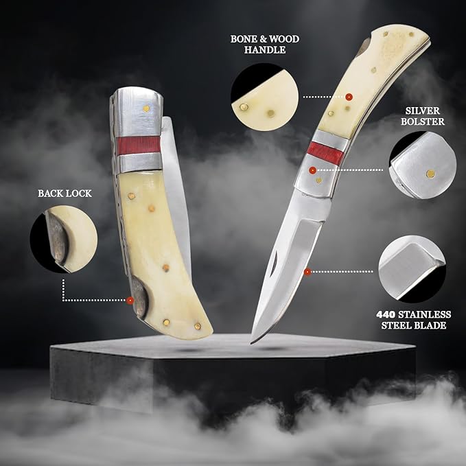7 Handmade Folding Pocket Knife – 3 440 Stainless Steel Clip Point Blade – Silver Bolster – Genuine Leather Sheath Included (Bone &amp Wood)