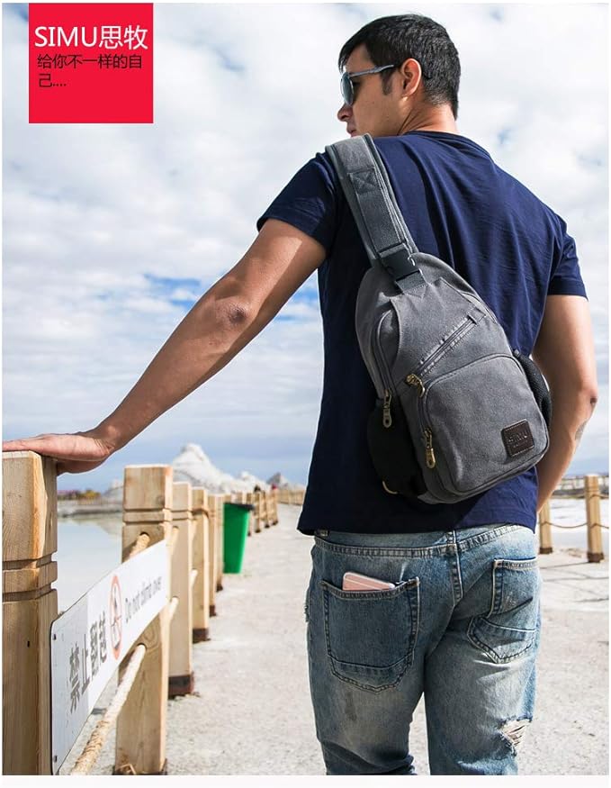 SIMU Sling Bag Pack Canvas Shoulder Sling Backpack Small Crossbody Chest Bag for ipad mini (Large grey)