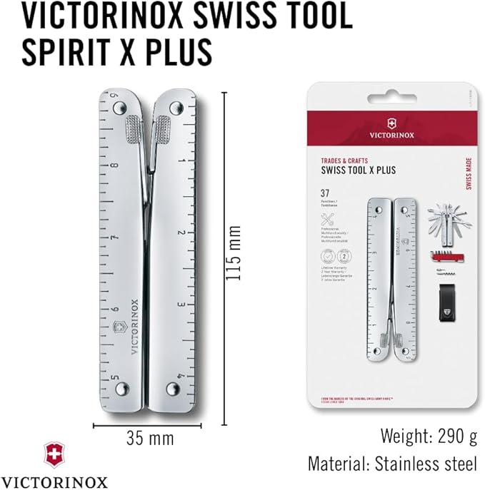 Victorinox Swiss Tool X Plus Ratchet Swiss Army Knife 35 Function Swiss Made Multi-Tool with Needle-nose pliers Wire Cutter Crate Opener and Large Blade - Silver