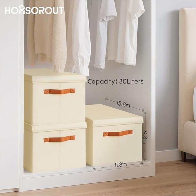 Homsorout Storage Bins with Lids - Large Fabric Closet Bins with Lid 6 Pack Clothes Organizers and Storage Collapsible Stackable Cube Basket for Home Office Dorm Beige