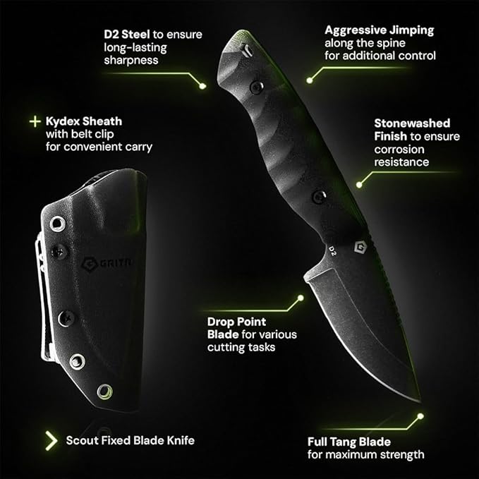 GRITR Scout Fixed Drop Point Blade Full Tang Knife with Ambidextrous Kydex Belt Sheath for Outdoor Camping Hiking Hunting Fishing Survival | EDC Tactical Gear for Men &amp Women