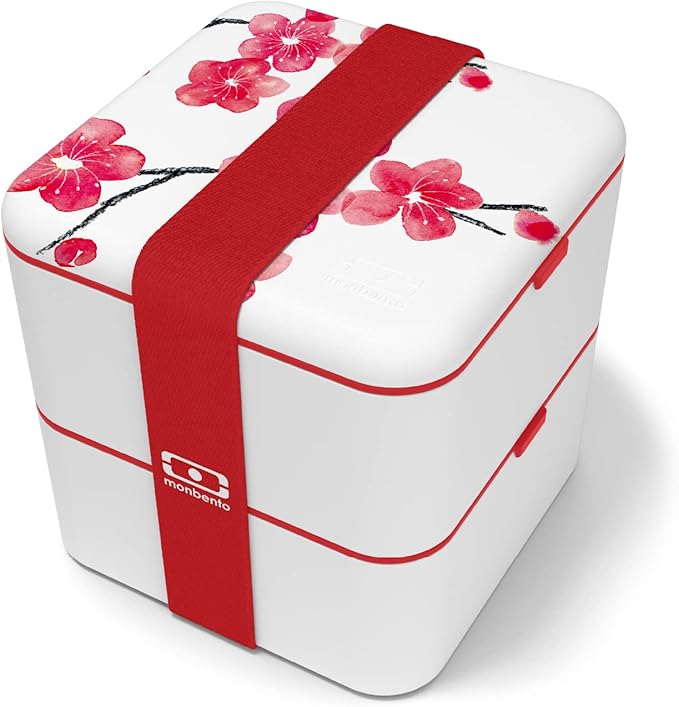 monbento - Large Bento Lunch Box MB Square Blossom with Compartments - Leakproof Lunch Box for Work/Picnic/Meal Prep - BPA Free - Microwave &amp Dishwasher Safe - Red &amp White