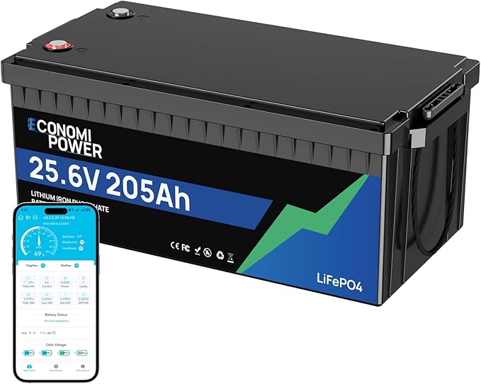 24V 200Ah(205Ah) LiFePO4 Lithium Battery built-in 200A BMS Bluetooth Monitoring 5000 Deep Cycles 5248Wh Lithium Battery for Solar RV Marine Trolling Motor Off-Grid