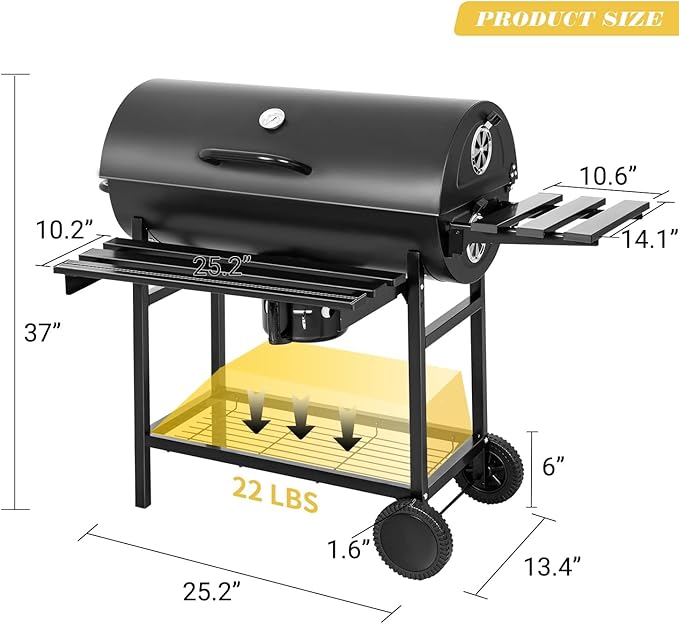 Flamaker Charcoal Grill Barrel style BBQ Charcoal Grill with Three Item Racks Thermometer Double-Layer Chrome-Plated Iron Baking Pan Ash Catcher for Camping Outdoor BBQ