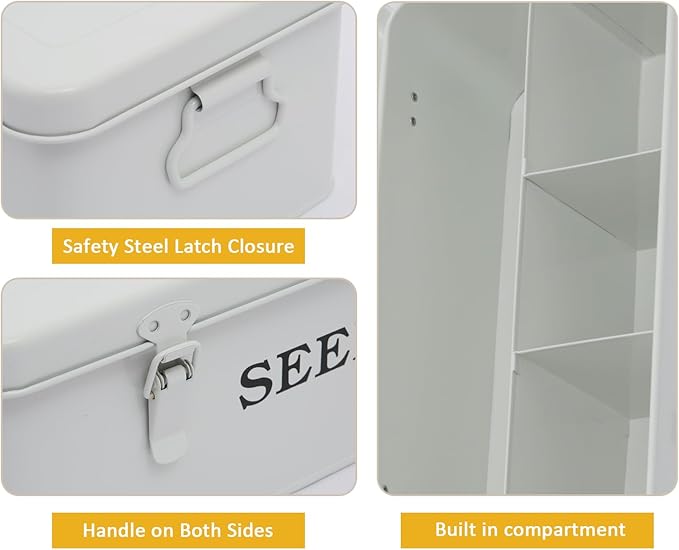 Seed Storage Organizer 4 Compartment Seed Storage Box with Safety Lock Metal Seed Box Container with 2 Pens 20 Plant Labels and 50 Seed Envelopes for Seed Packet &amp Small Garden Tool White