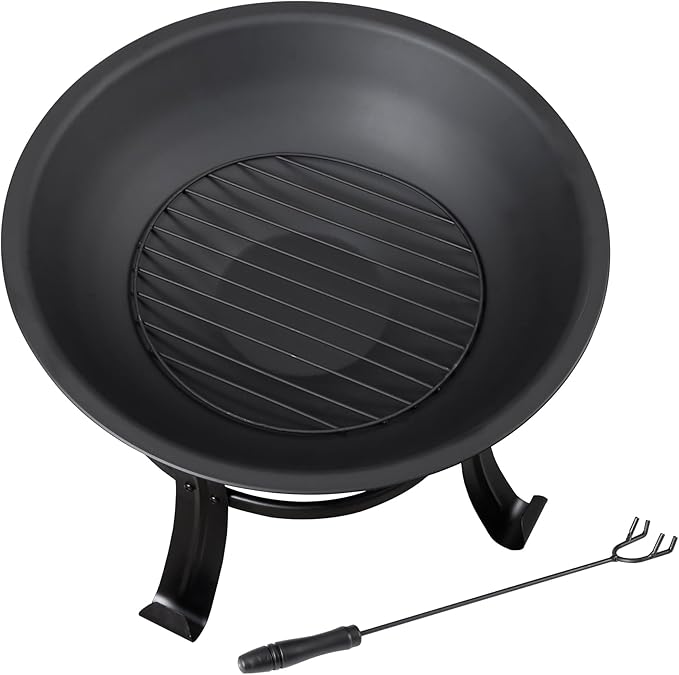 22Inches Fire Pit Outdoor Steel Wood Burning BBQ Grill Firepit Bowl Fireplace with Mesh Screen &amp Fire Poker Log Grate