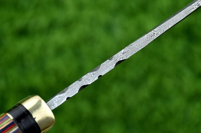 8-Inch Hand-Forged Damascus Steel Hunting Knife Fixed Blade Skinning Design with Leather Sheath Multicolor Wood Handle Brass Guard Twist Pattern Blade for Camping (Red/Green)