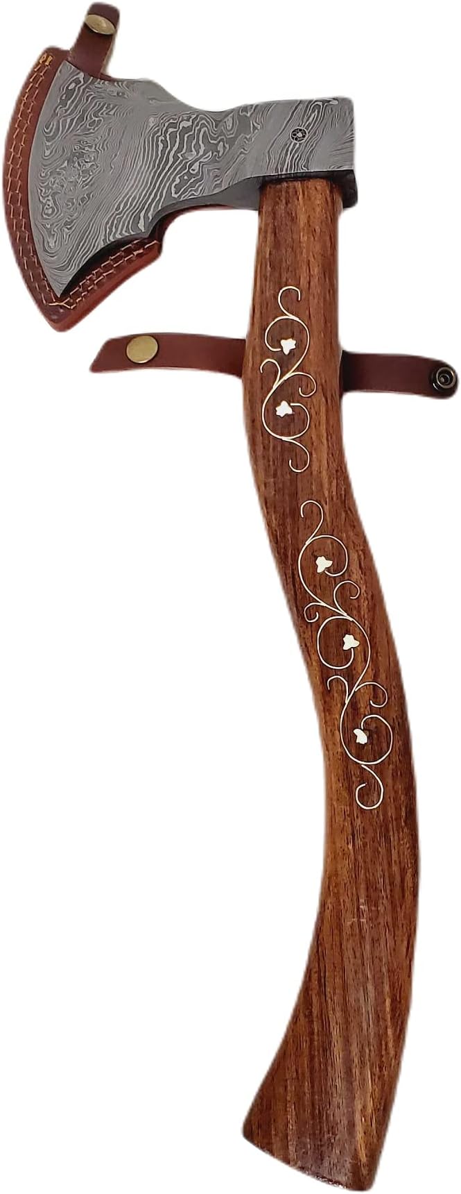 Ragnild FWM Viking Style Handmade Damascus Axe with Wood and Inlaid Brass Handle
