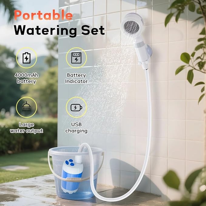 Portable Camping Shower Pump Portable Camping Shower with Adjustable Flow Rechargeable Outdoor Camp Shower Pump with Digital Display for Camping Hiking Traveling RV (Blue)