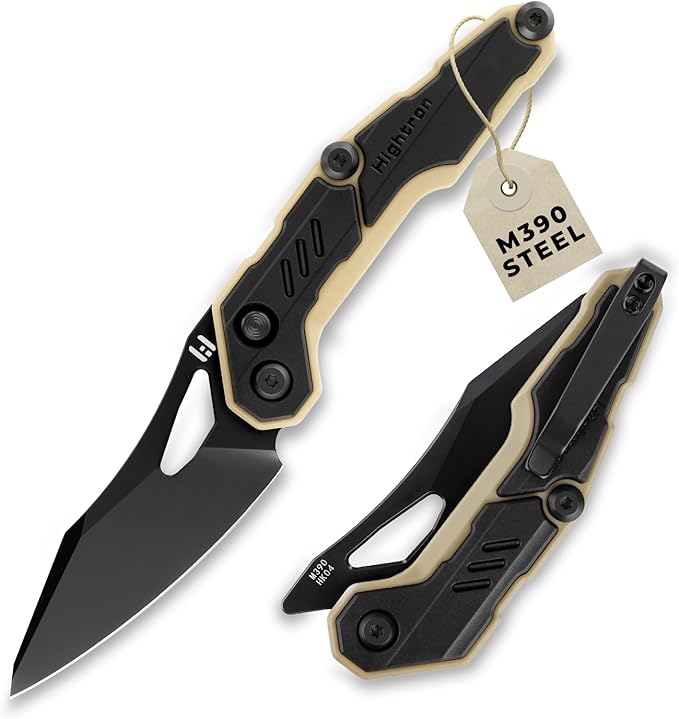 Hightron SPECTRON M390 Fidget Pocket Knife military survival folding front flipper 3.05 Blade with Black&ampKhaki Nylon Fiber Handle EDC gift