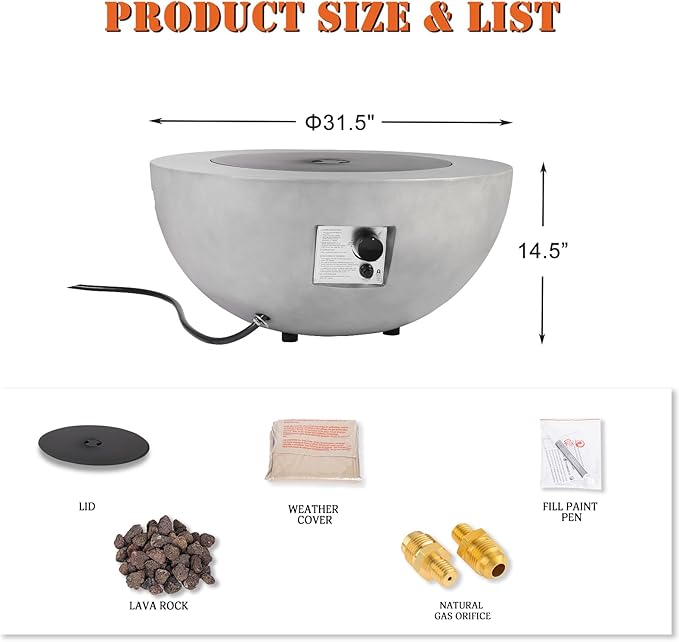 31.5 Inch Round Propane Fire Pit Table - Concrete Round Fire Bowl 50000 BTU Natural Gas Firepit Burner with Steel Lid Lava Rocks Waterproof Cover for Outside Patio Backyard Party