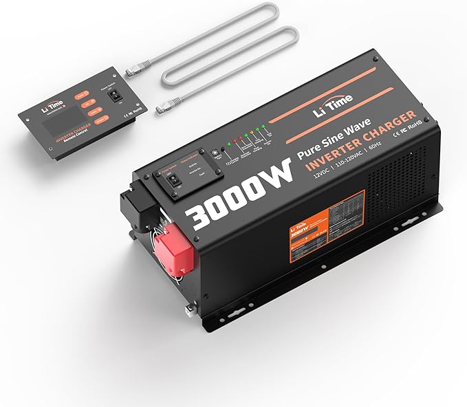 LiTime 3000W Inverter Charger Pure Sine Wave Inverter 12V DC to 120V AC 9000W Peak Power UPS Function 5A - 45A Adjustable Current LCD Remote Control for RV Home Backup Truck Boat