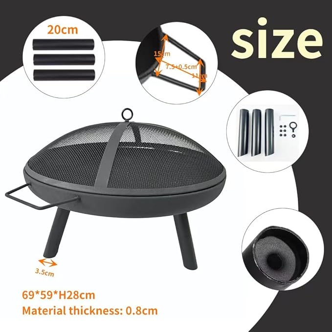 23inch Portable Fire Pit with Fire Poker and Spark Screen 2 in 1 Small Round Outdoor Fireplace for Outside Heating Bonfire Party Camping Backyard Patio Garden RV Trip