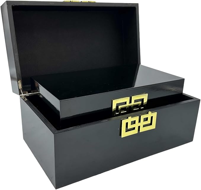 Galt International Storage Box Set Decorative Storage Box w/Hinged Lid Classic Design Wood Decor Boxes with Geometric Clasp Storage for Bedroom &amp Home - Set of 2 (Black &amp Gold)