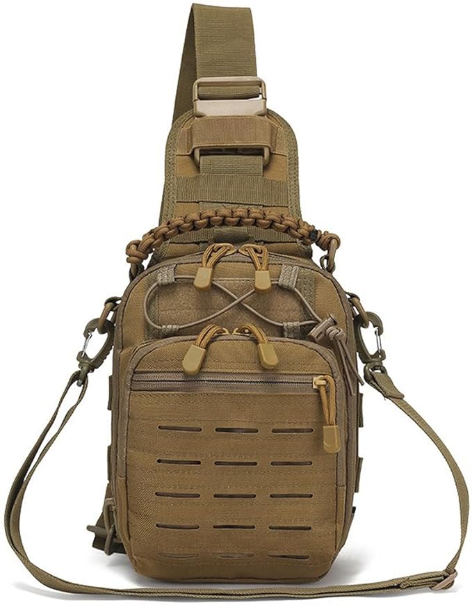 Tactical Sling Bag Pack Military Shoulder Bag Chest Pack Messenger Molle Sport Backpack Hiking Daypack Men Women (Mud Color)