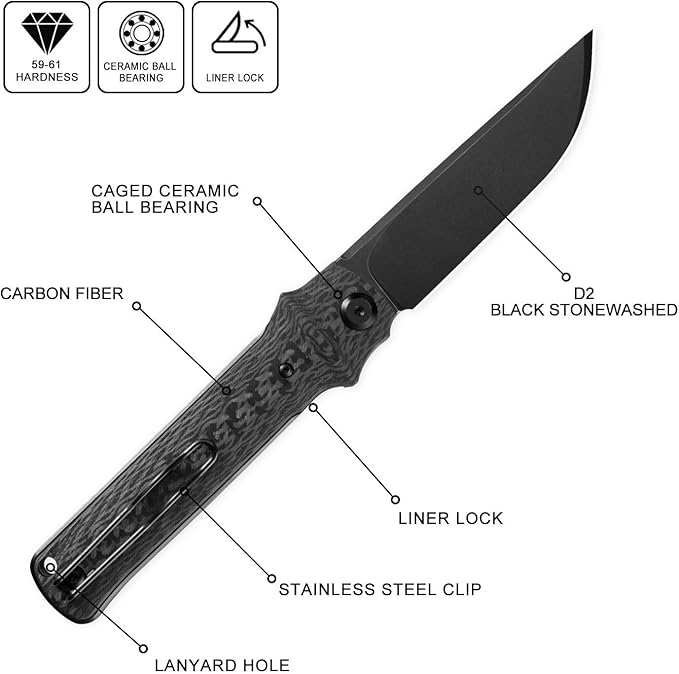 Petrified fish PFB04 Tena Folding Knife 3.82 D2 Black Stonewashed Blade Carbon Fiber Handle Pocket Knife for EDC Camping Outdoor (Carbon Fiber Black Stonewashed)