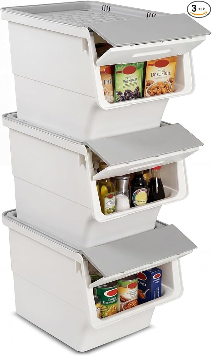Giantex Plastic Stackable Storage Bins with Lids &amp Wheels 3 Pack Open Front Stacking Bins Organizer Bins for Pantry Kitchen Laundry Closet Playroom Bedroom Organization (35 QT)