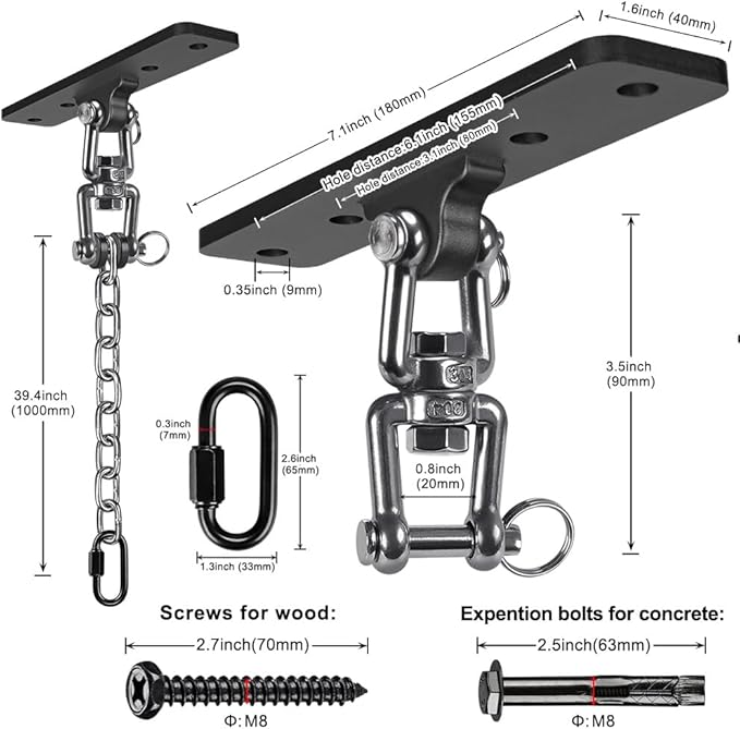 Dolibest Hanging Kits Hammock Chair Hardware Heavy Duty Swing Hanger with Chain for Indoor Outdoor Playground Hanging Hammock Chair Punching Bags 4 Screws 600 LB Capacity 3.28ft 360° Rotation