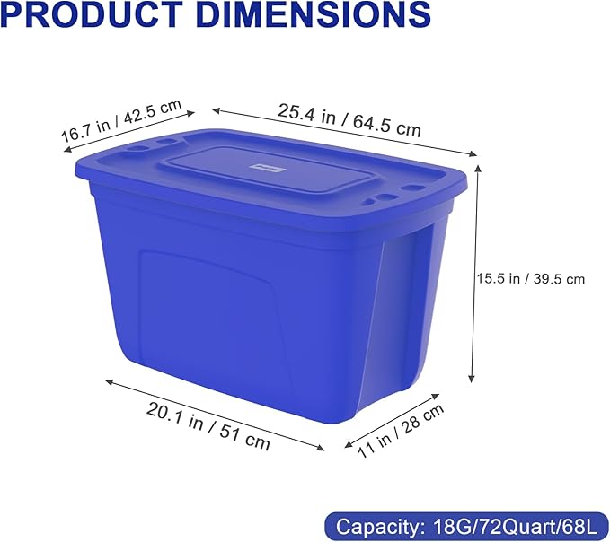 Storage Bins with Lids - Made in USA 18-Gallon (72-Quart) 4-Pack Storage Totes with Lids Plastic Stackable Containers Large Storage Boxes for Home and Office Organization Blue/Blue