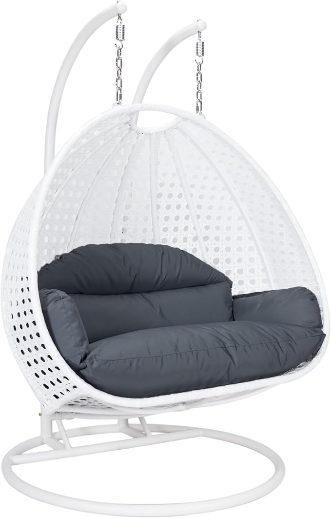 LeisureMod 2 Person Hanging Egg Chair Indoor Outdoor Patio Lounge Swing with White Stand &amp UV-Resistant Cushions Hammock Chair for Bedroom &amp Garden Dark Grey
