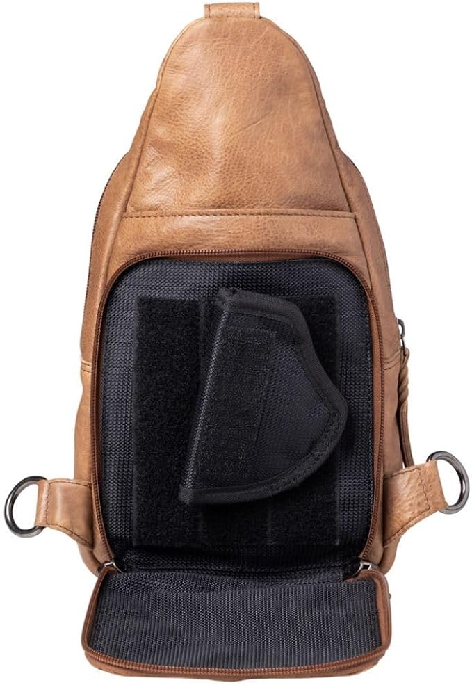Lady Conceal Taylor Leather Unisex Tactical Gun Holster Sling Backpack - Medium Frame Handgun -Two locking concealment pockets with Locking Zippers and Universal Holster - 7 L x 12 H x 3.5 D