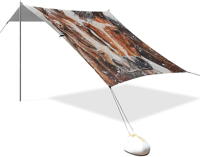 ALAZA Two Horses in Snow Beach Tent Sun Shelter Portable Canopy Sunshade for Outdoor Camping Picnics Backyard Fun 10x9 ft
