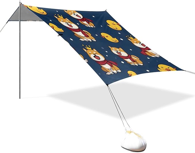 ALAZA Cute Corgi Dog Duck Beach Tent Sun Shelter UPF50+ Protection Beach Shade Canopy w/ 4 Sandbags for Outdoor Camping Fishing Backyard Fun Picnic 10x9 ft