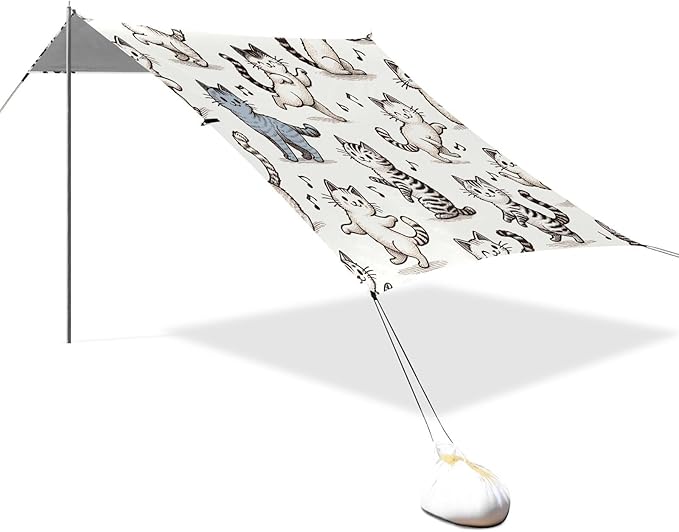 Cute Dancing Cats Beach Tent Sun Shelter Set UPF50+ UV Protection 10.5 x 9.19 FT Camping Shade Canopy with Sandbags Sand Anchors Carrying Bag and Others