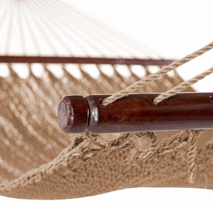 Lazy Daze Hammocks 10.5 FT Double 2 Person Caribbean Rope Hammock Hand Woven Polyester Hammock with Spreader Bars for Outside Outdoor Backyard Patio Poolside 450 LBS Capacity Tan