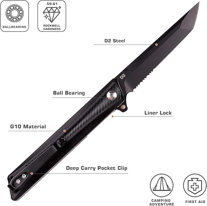 REMETTE Pocket Knife GD22K Flipper Open D2 Steel Tanto Folding knife with Durable G10 HandleMen Women Everyday Carry EDC KnifeSharp Camping Hiking Daily Work Knives