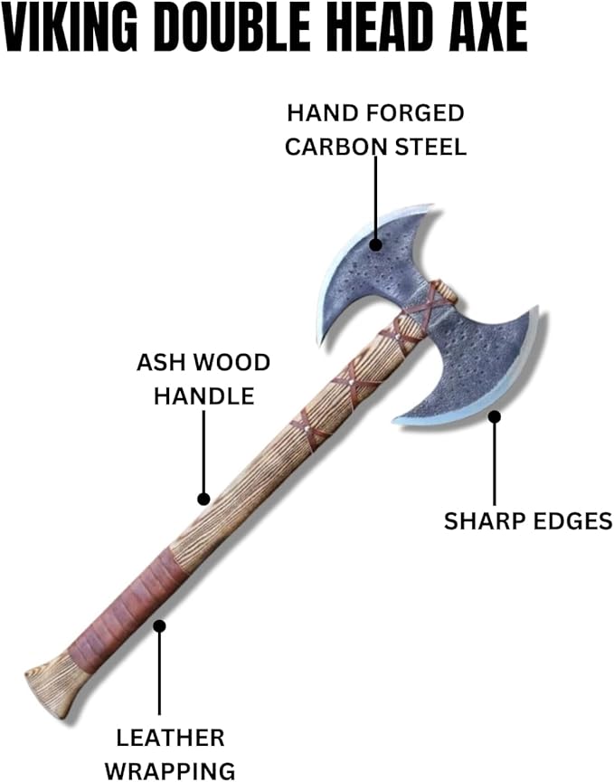 Hand Forged Carbon Steel Medieval Warrior Double Head Axe Viking Double Sided Axe with Ash Wood Handle and Leather Sheath Best for Hunting Camping and Collection