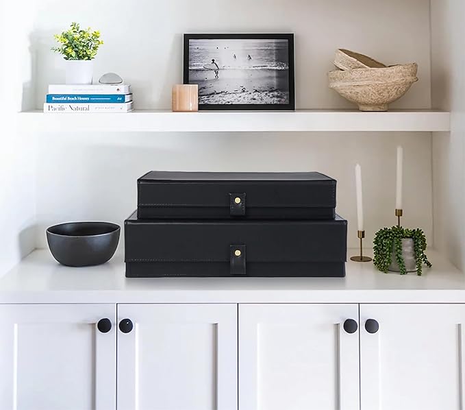 HofferRuffer Photo Storage Boxes with Dust-Proof Lid Set of 2 Faux Leather Lidded Storage Bins Photo Jewelry Scrapbooking Supplies Keepsake Organizer for Elegant Home &amp Office Decor (Black)