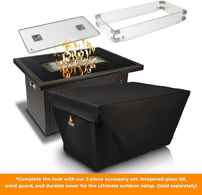 Outland Living Series 403 Fire Table – 44 50000 BTU Outdoor Propane Gas Fire Pit Table with Tempered Glass Top &amp Arctic Ice Decorative Glass Rocks Espresso Brown