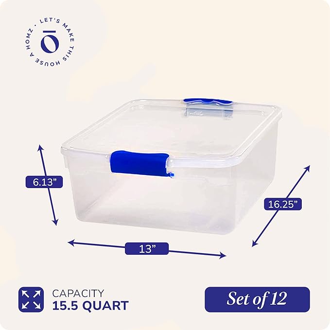 HOMZ 12-Pack Secure Latch Clear Plastic Storage Organizer Bins 15.5 Quart Blue - Stackable Container Boxes for Bedroom Bathroom Garage and Office Organization