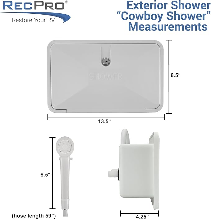 RecPro RV Exterior Shower Box Kit | Locking Cowboy Shower with 51” Vinyl Hose 2.5 GPM Showerhead | UV-Resistant Rust-Free Easy Install | Camper Trailer Motorhome Outdoor Faucet (White)