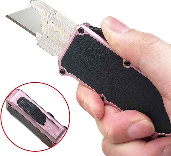Caressolove Automatic Utility Knife Razor Blades Pocket Knife Box Cutters Retractable Heavy Duty Premium Safety Push Button Knife with 5PCS Blades (Rose gold)