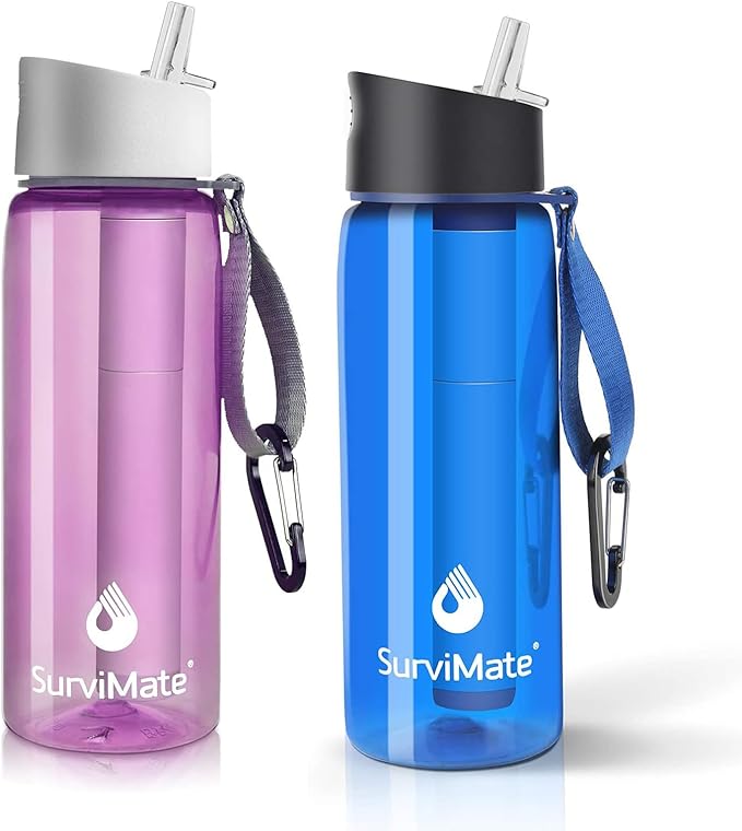 SurviMate Purified Water Bottle for Camping Hiking Backpacking and Travel BPA Free with 5-Stage Intergrated Filter Straw