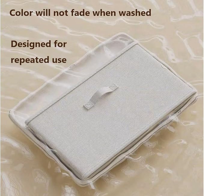 [3 Pack] Beige Cotton Linen Collapsible Storage Bins for Home Organization Waterproof Fabric Foldable Organizer Boxes 17.72 x 13.78 x 10.24 Inches Zippered Flap &amp Handle (Large)