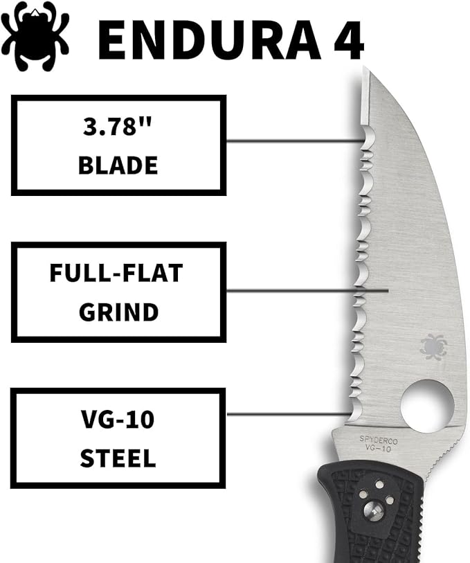 Spyderco Endura Flat Lightweight Folding Knife - Black FRN Handle with SpyderEdge Full-Flat Grind VG-10 Steel Wharncliffe Blade - C10FSWCBK
