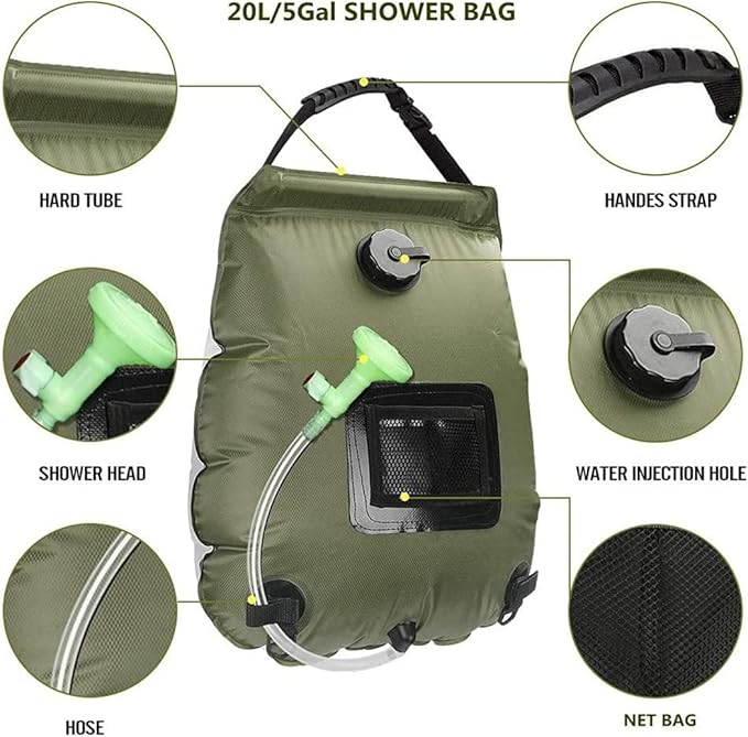 Solar Shower Bag 5 Gal/20L Portable Solar Heating Camping Shower Water Bags with Removable Flexible Hose Switchable Shower Head Temperature Thermometer for Outdoor Camping Hiking Traveling Shower