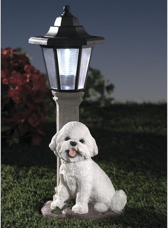Bits and Pieces - Solar Dog Lantern-Solar Powered Garden Lantern - Resin Dog Sculpture with LED Light (Bichon) - 13.5 Tall