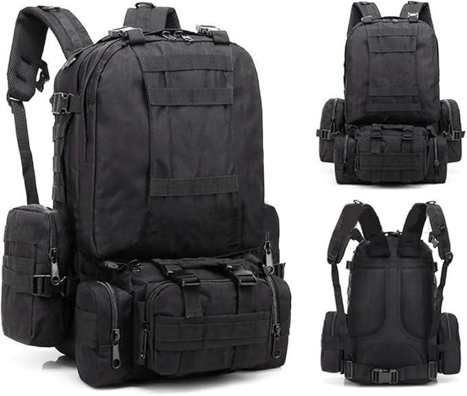 55L Military Tactical Backpack for Men Army 3 Day Assault Pack Large Camping Detachable Rucksack Molle Bag (Black)