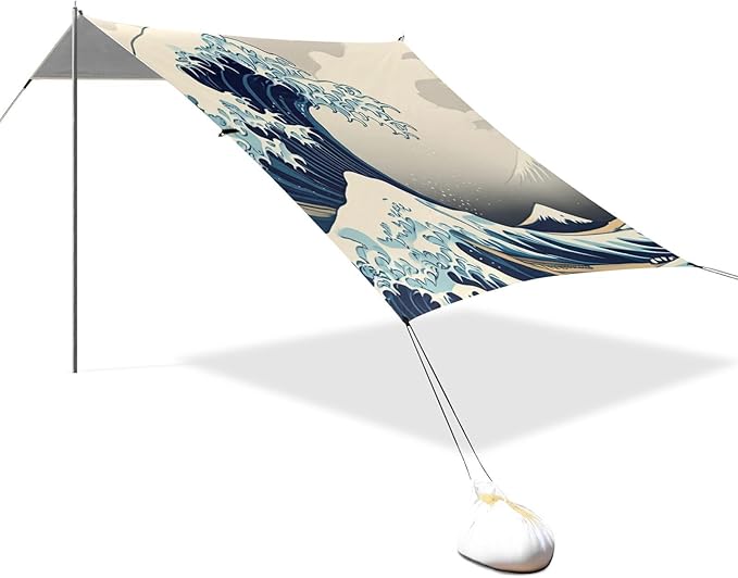 Beach Canopy with Windproof Ropes &amp Sandbags Beach Tent Sun Shade Sun Shelter for Camping Trips Fishing Backyard Fun or Picnics Waves