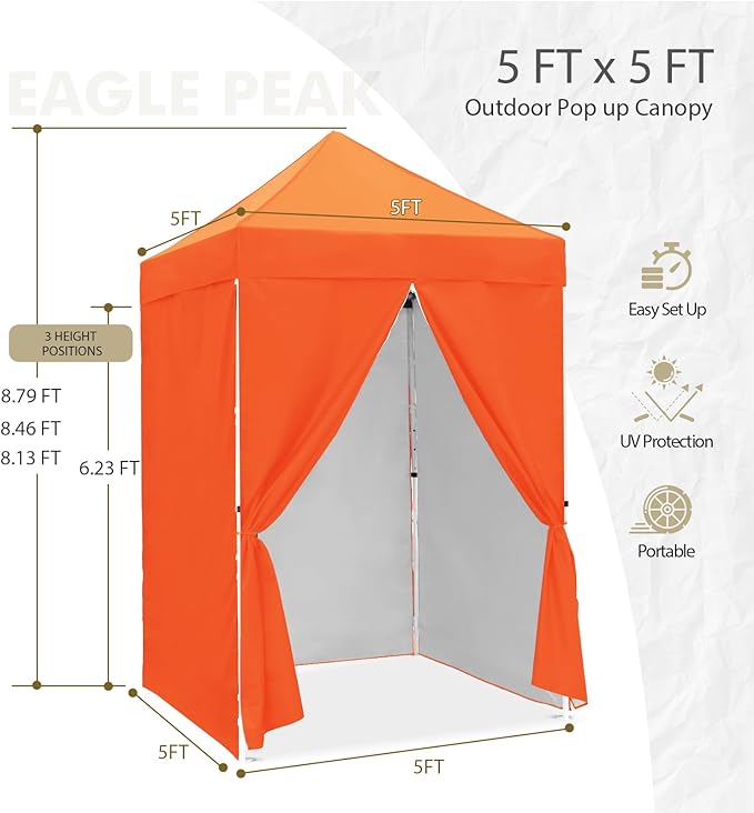 EAGLE PEAK 5x5 Instant Canopy with 4-Side Wall Panels Small Pop up Portable Canopy Tent with Carry Bag Light Weight Sun Shelter for Sports Camping and Beach Orange