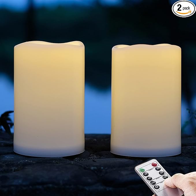 NONNO&ampZGF 4X6'' Outdoor IP44 Warm White LED Rainproof Waterproof Candles Flameless Battery LED Pillar Candle with Remote and Timer Resin No Melt 2 Pack