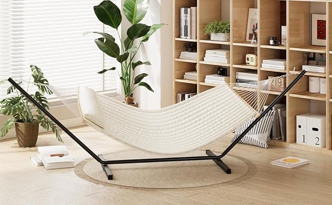 2 Person Hammock with Heavy Duty 500Lb Capacity Stand - Portable Cotton Rope Hammock &amp Quilted Comfort Pad - Relax Together Indoor or Outdoor (Beige)