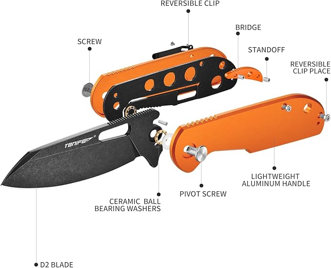 TONIFE Galaxy EDC Folding Pocket Knife with D2 Steel Blade and Aluminum Handle Compact Outdoor Tool for Camping and Everyday Carry (orange)